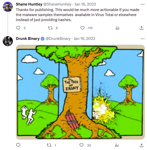 A tweet in reply by Shane Huntley, a notable researcher in the community